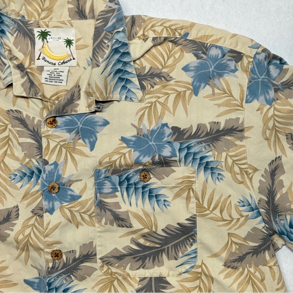 Banana Cabana 100% Silk Mens Hawaiian Tropical Floral S/S Button Up Shirt Sze XL - Picture 3 of 8